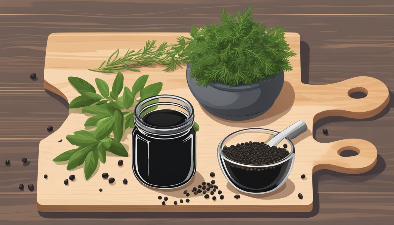 A small pile of nigella seeds spilling out of a glass jar onto a wooden cutting board, surrounded by fresh herbs and a mortar and pestle