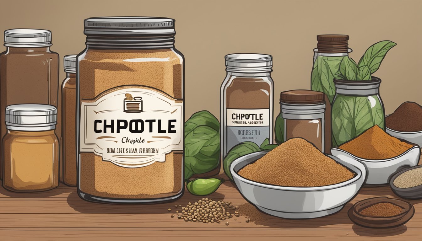 A jar of chipotle powder sits on a kitchen counter, surrounded by other spices and ingredients. The label on the jar is faded, indicating it has been used often