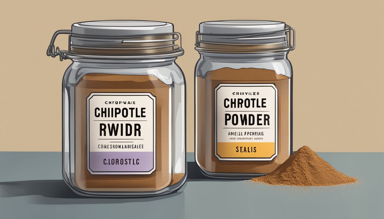 A half-open jar of chipotle powder with visible signs of degradation, such as clumping and discoloration, sits on a kitchen counter