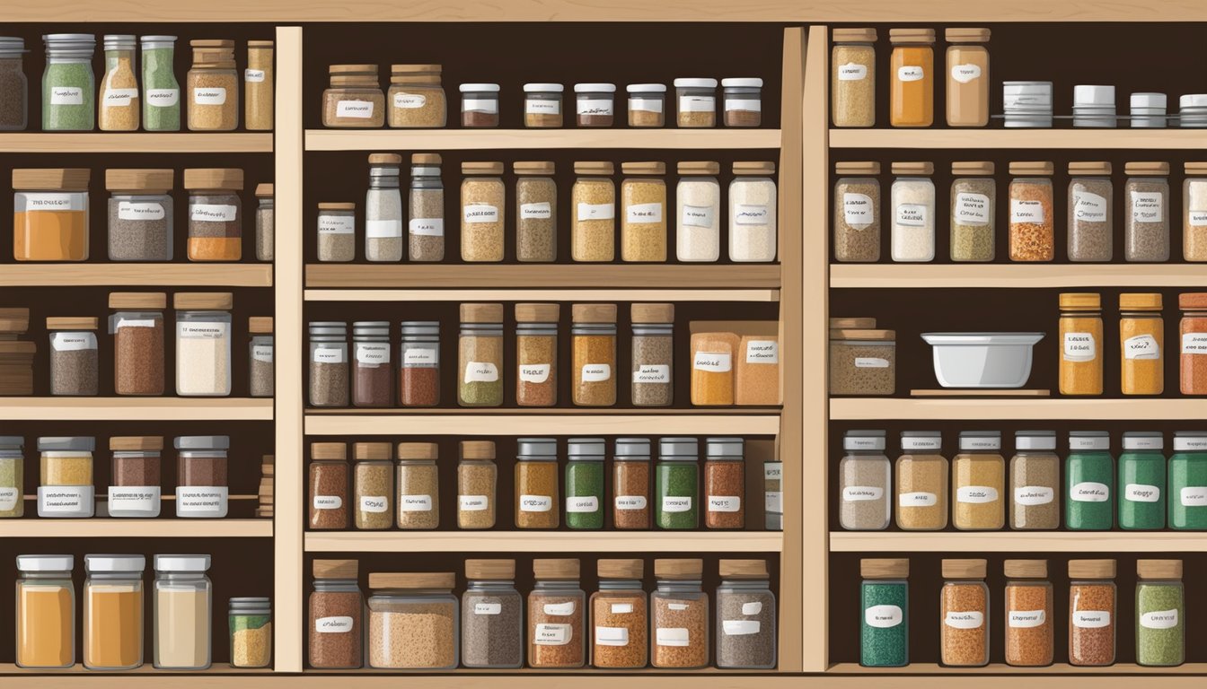 A pantry shelf with neatly organized spice jars, including a container of chipotle powder labeled with a "best by" date