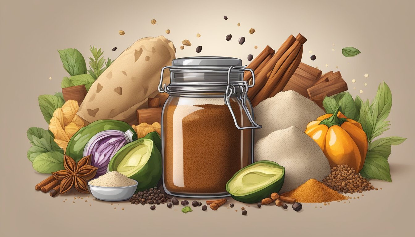 A jar of chipotle powder surrounded by various food items and spices, with a faint aroma in the air