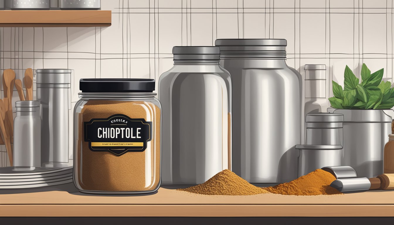 A jar of chipotle powder sits on a kitchen shelf, surrounded by other spices. A calendar on the wall shows the current date