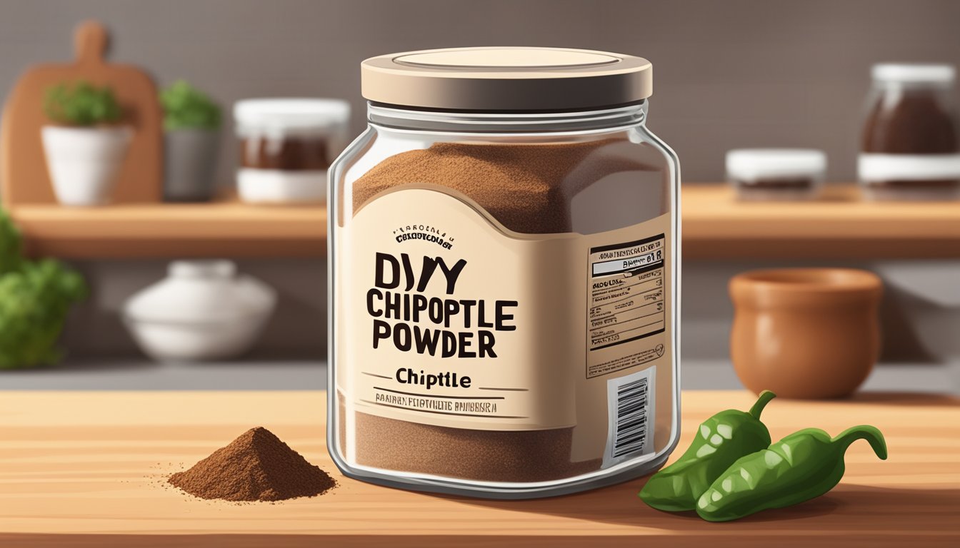 A jar of homemade chipotle powder with a label reading "DIY Chipotle Powder" sits on a wooden kitchen counter. A faint aroma of smoky spice lingers in the air