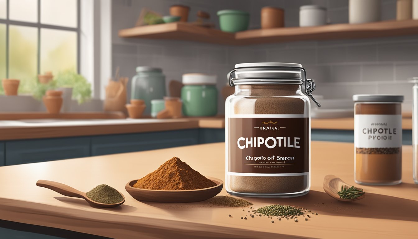 A jar of chipotle powder sits on a kitchen counter next to other spices, with a faint aroma lingering in the air