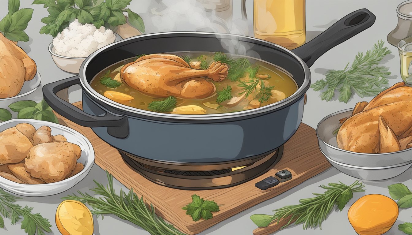 A pot of chicken stock simmering on a stovetop, steam rising, with various herbs and spices scattered around