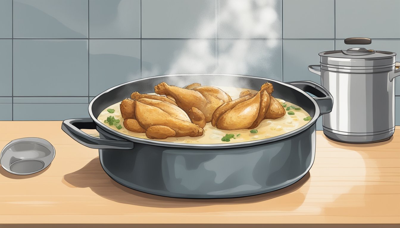 A pot of chicken stock sits on a kitchen counter, with a foul odor emanating from it. The liquid appears cloudy and there are visible signs of mold and discoloration