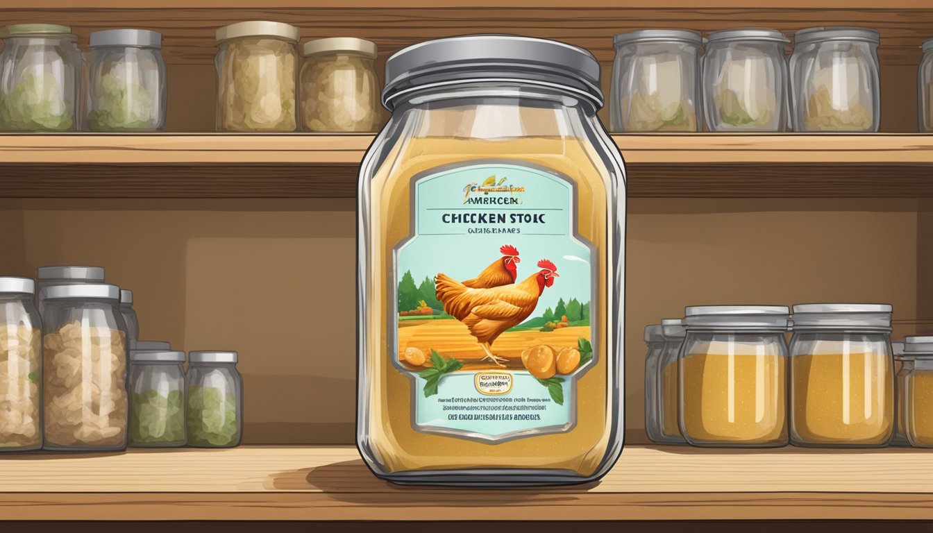 A clear glass jar of chicken stock sits on a shelf, with a label indicating the expiration date. The stock appears to be clear and free of any signs of spoilage