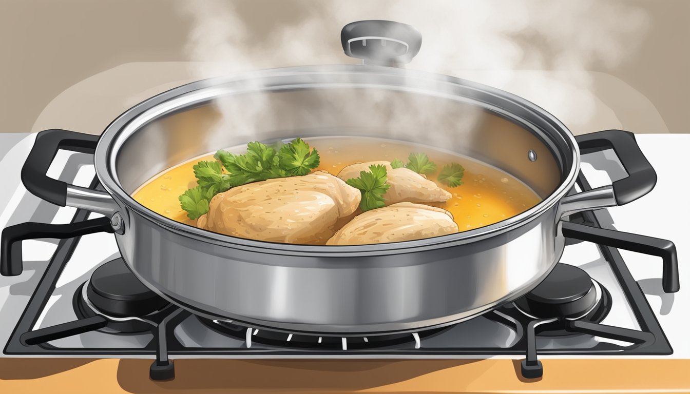 A pot of chicken stock sits on a stovetop, steam rising from the simmering liquid. A thermometer floats in the stock, indicating a safe temperature