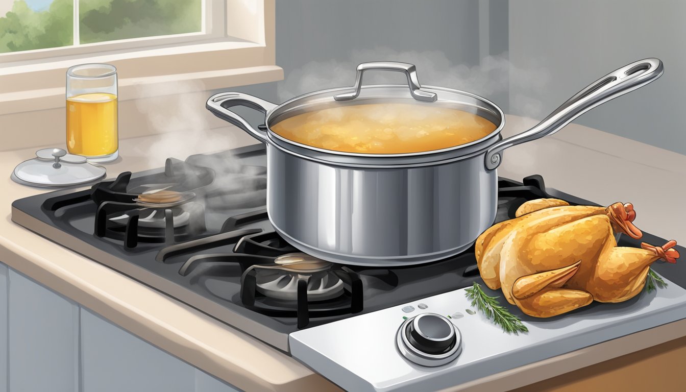 A pot of chicken stock sits on a stovetop, steam rising from the simmering liquid. A timer and thermometer sit nearby, indicating proper cooking time and temperature