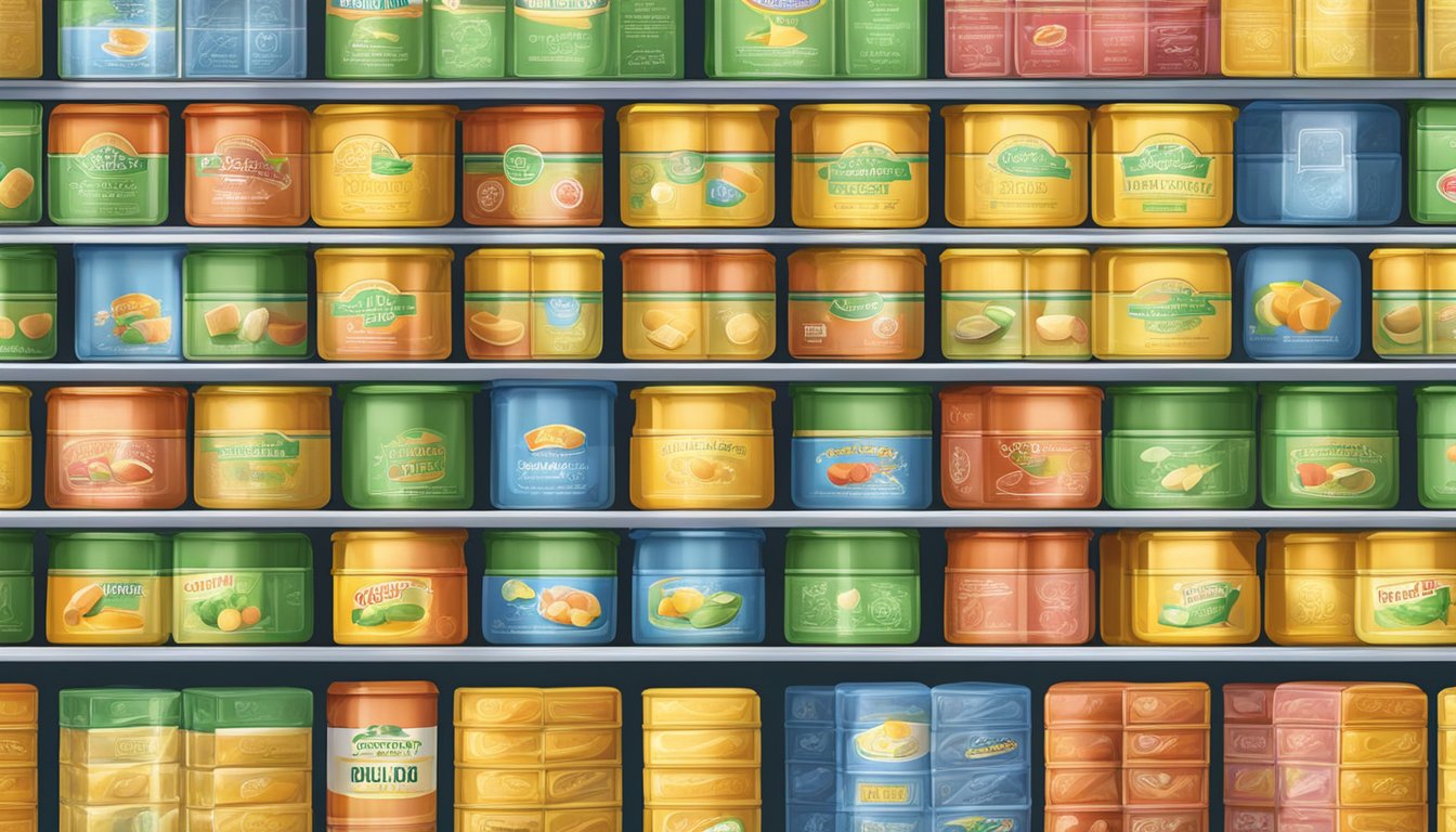 A tightly sealed container of bouillon cubes on a shelf, away from direct sunlight and moisture