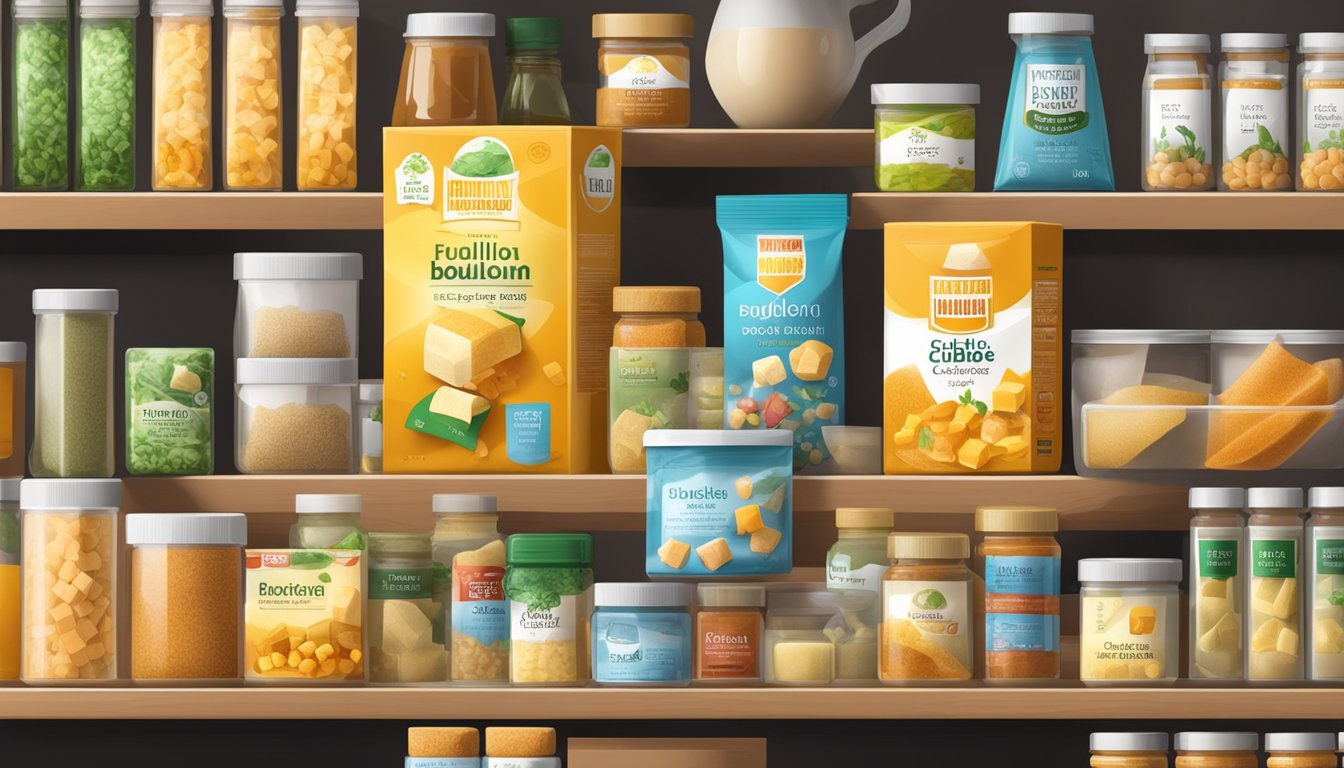 A shelf with expired and unopened bouillon cubes, surrounded by various alternative and substitute ingredients