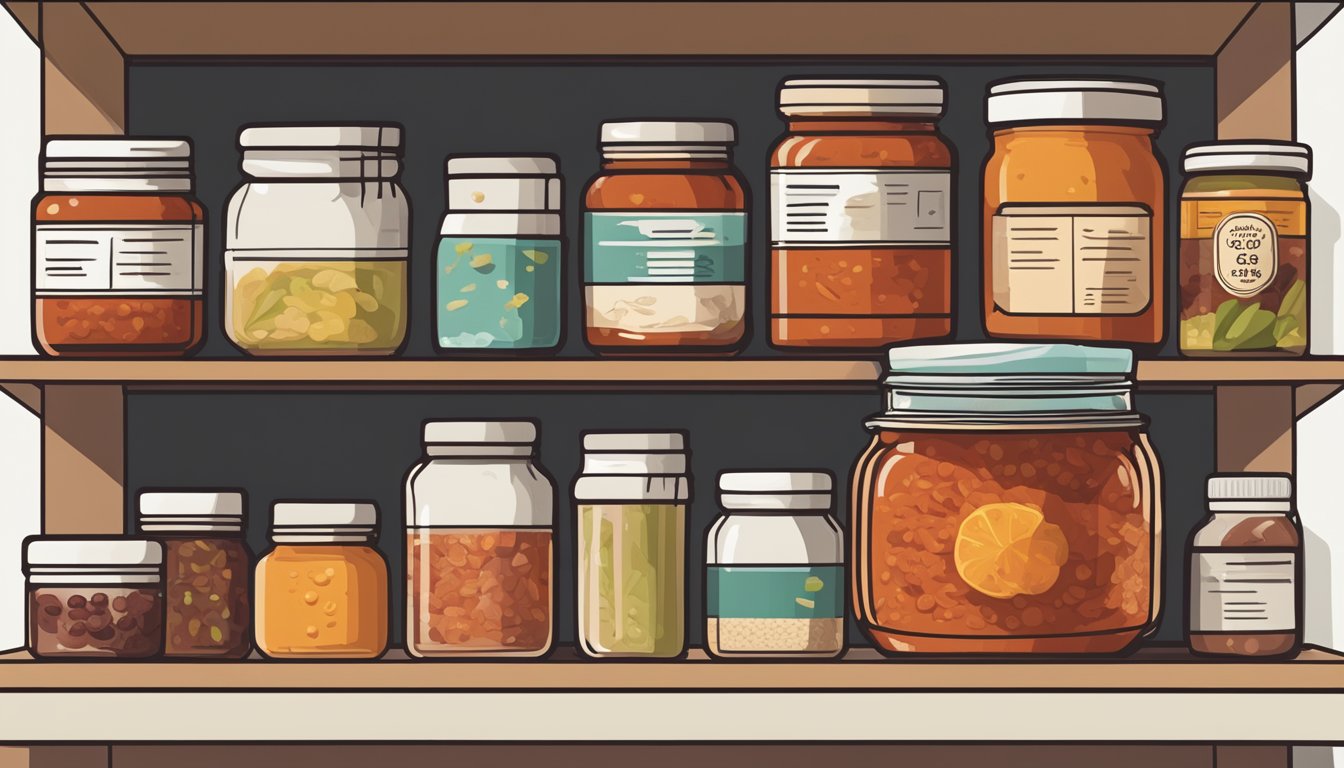 A jar of gochujang sits on a shelf, surrounded by various ingredients and condiments. The lid is slightly ajar, with a small amount of sauce oozing out