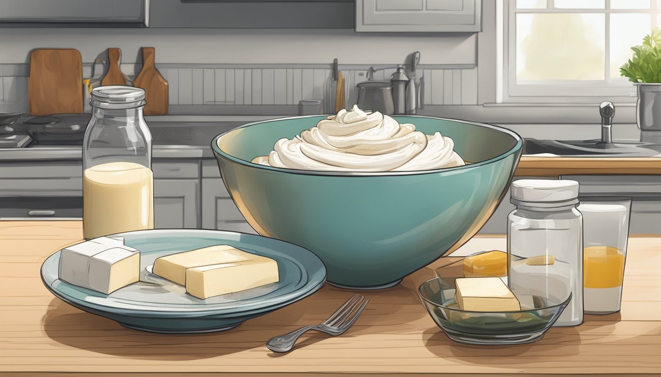 A bowl of mascarpone sitting on a kitchen counter, surrounded by various dairy products and a calendar with an expiration date circled