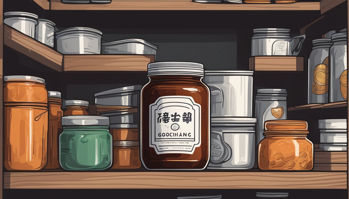 A jar of gochujang sits on a shelf in a cool, dark pantry with a tightly sealed lid