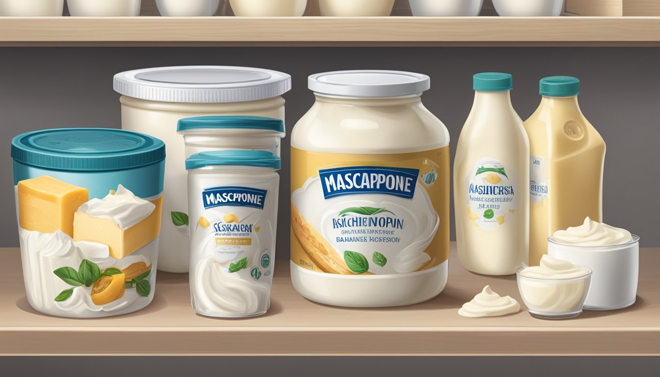 A container of mascarpone sits on a kitchen shelf, surrounded by other dairy products. The expiration date on the label is visible