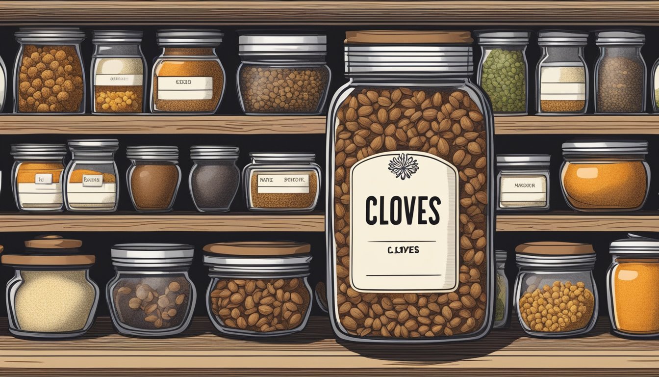 A jar of cloves sits on a shelf, surrounded by other spices. The label indicates the expiration date, while the aroma suggests freshness