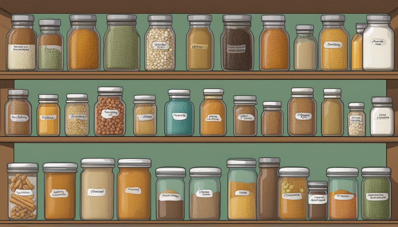 A pantry shelf with neatly arranged jars of spices, including a container of cloves, labeled with expiration dates