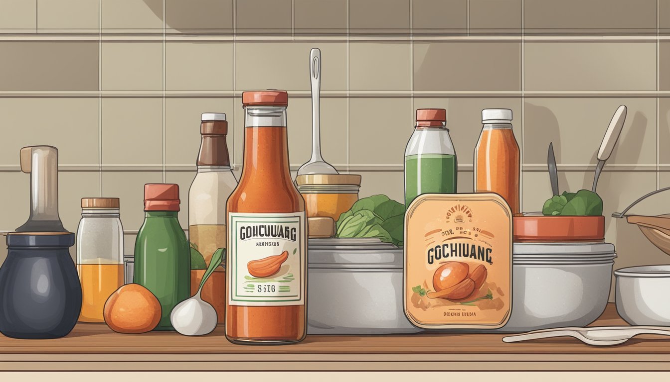 A bottle of gochujang sits on a kitchen shelf, surrounded by other condiments and cooking utensils. The label is slightly faded, indicating its age