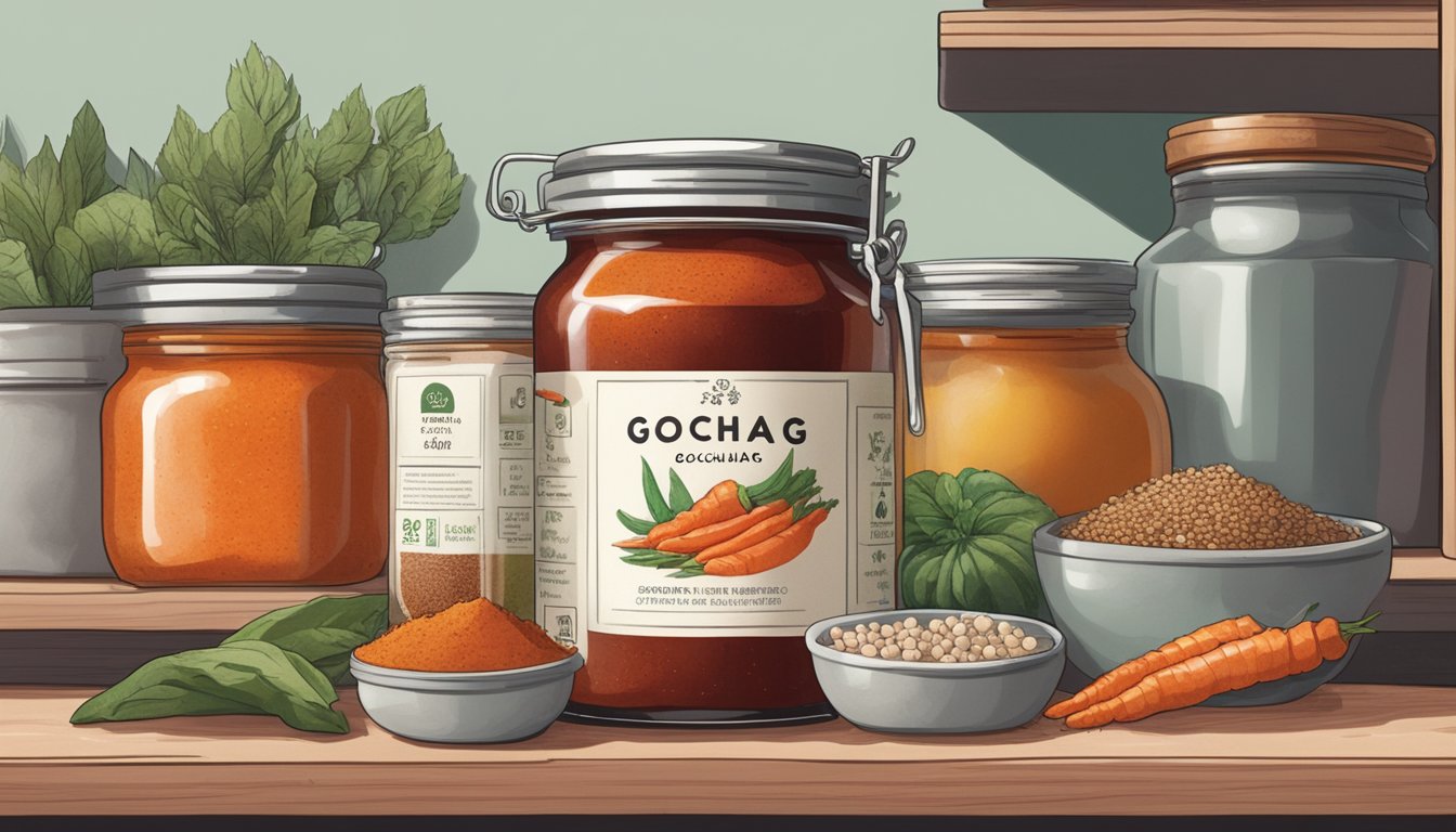 A jar of gochujang sits on a shelf, surrounded by various ingredients and spices. The label is faded, indicating its age, but the contents remain fresh and vibrant