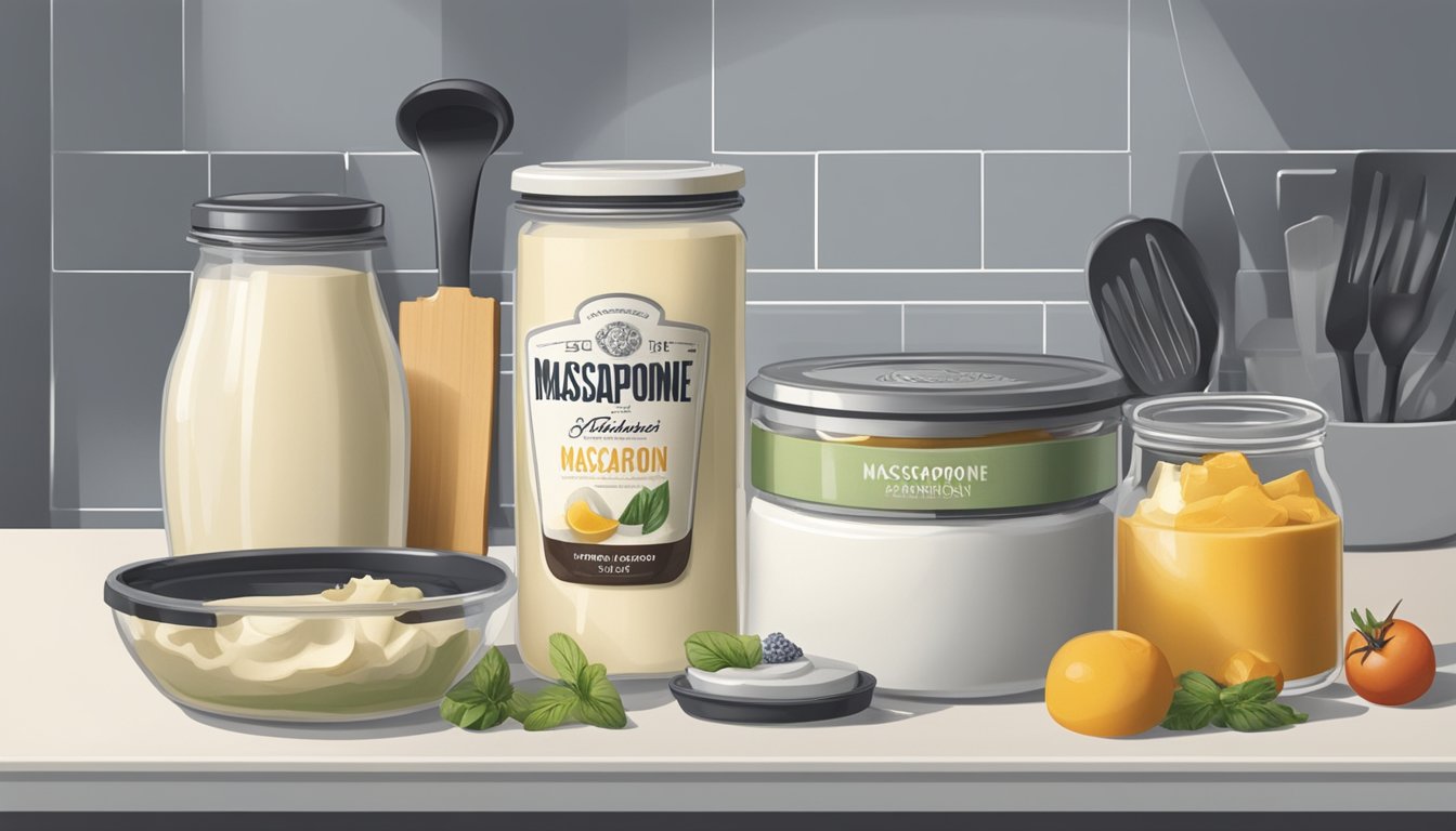 A container of mascarpone sits on a kitchen counter, surrounded by various ingredients and utensils. The lid is slightly ajar, suggesting it has been recently used