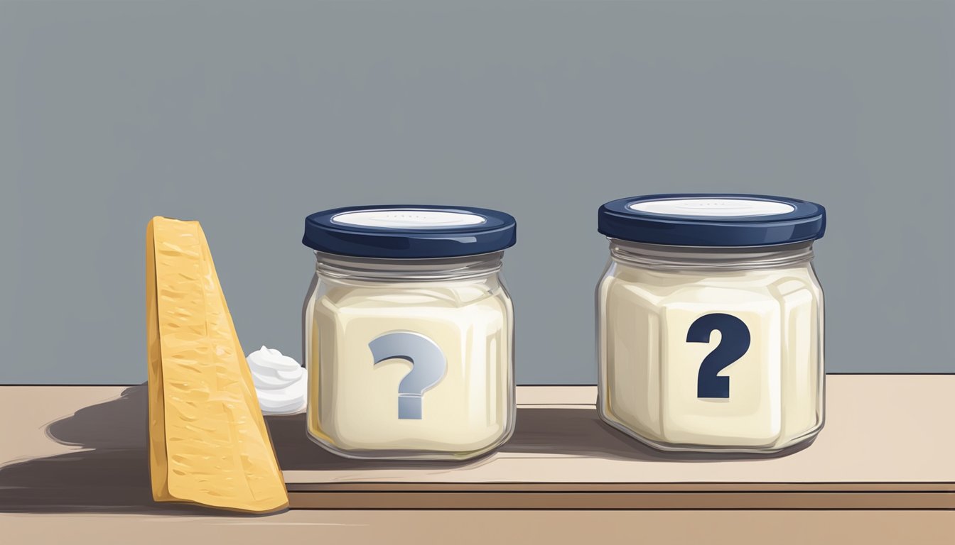 A container of mascarpone left out on a kitchen counter, with a question mark hovering above it