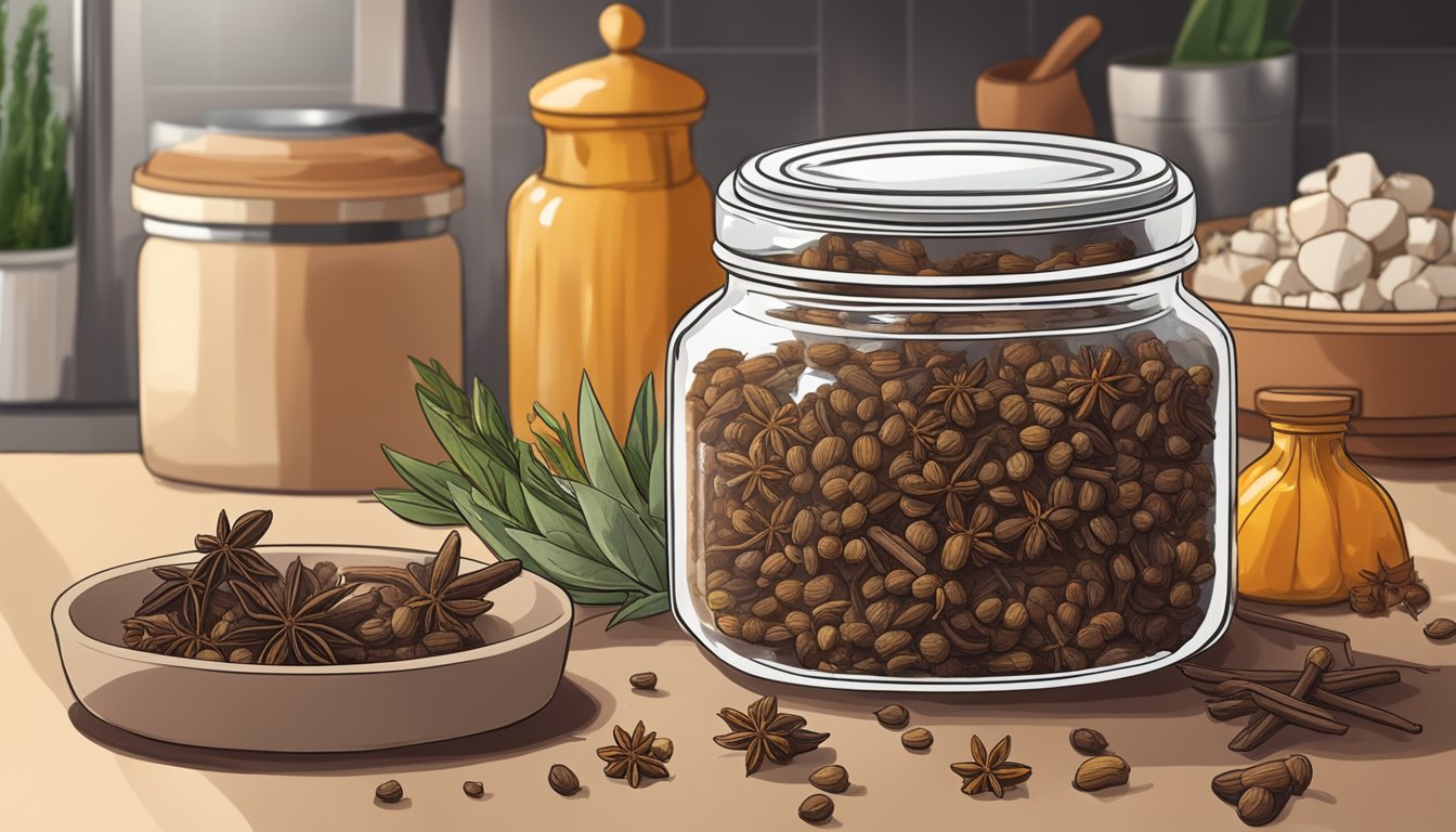 A jar of cloves sits on a kitchen counter, surrounded by various spices and herbs. The lid is slightly ajar, and a few cloves have spilled out onto the counter