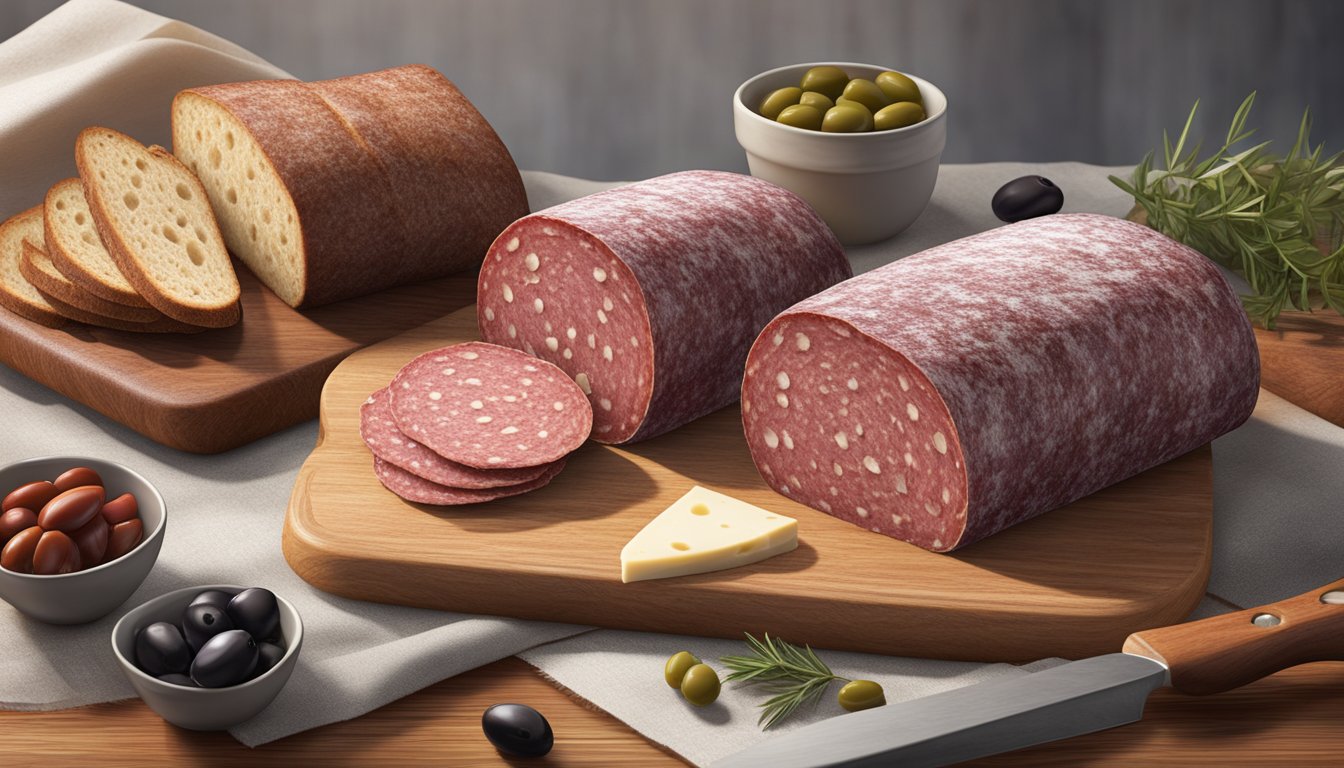 A package of hard salami sits on a wooden cutting board, surrounded by slices of bread, cheese, and olives. The salami has a rich, deep red color and is covered in a thin layer of white mold