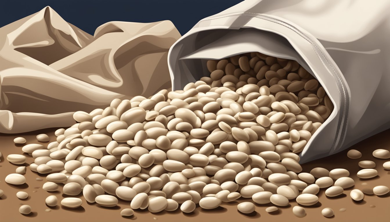 A pile of navy beans spilling out of an open bag, with a few beans scattered on a countertop