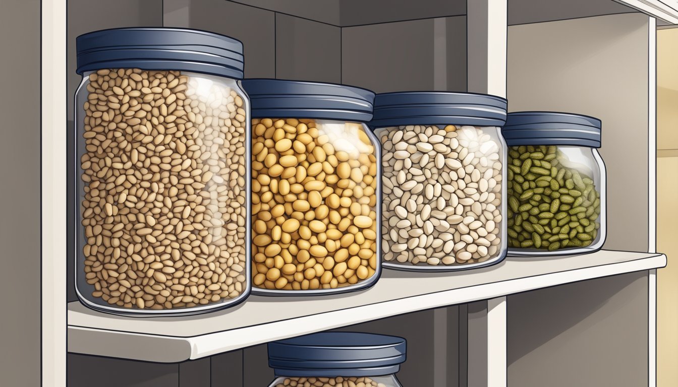 Navy beans in a sealed, airtight container on a pantry shelf