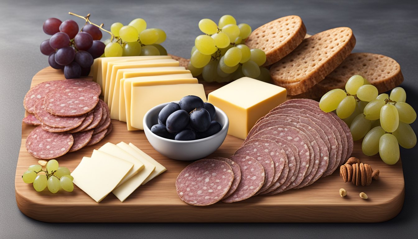 A charcuterie board with slices of hard salami, surrounded by crackers, cheese, and grapes