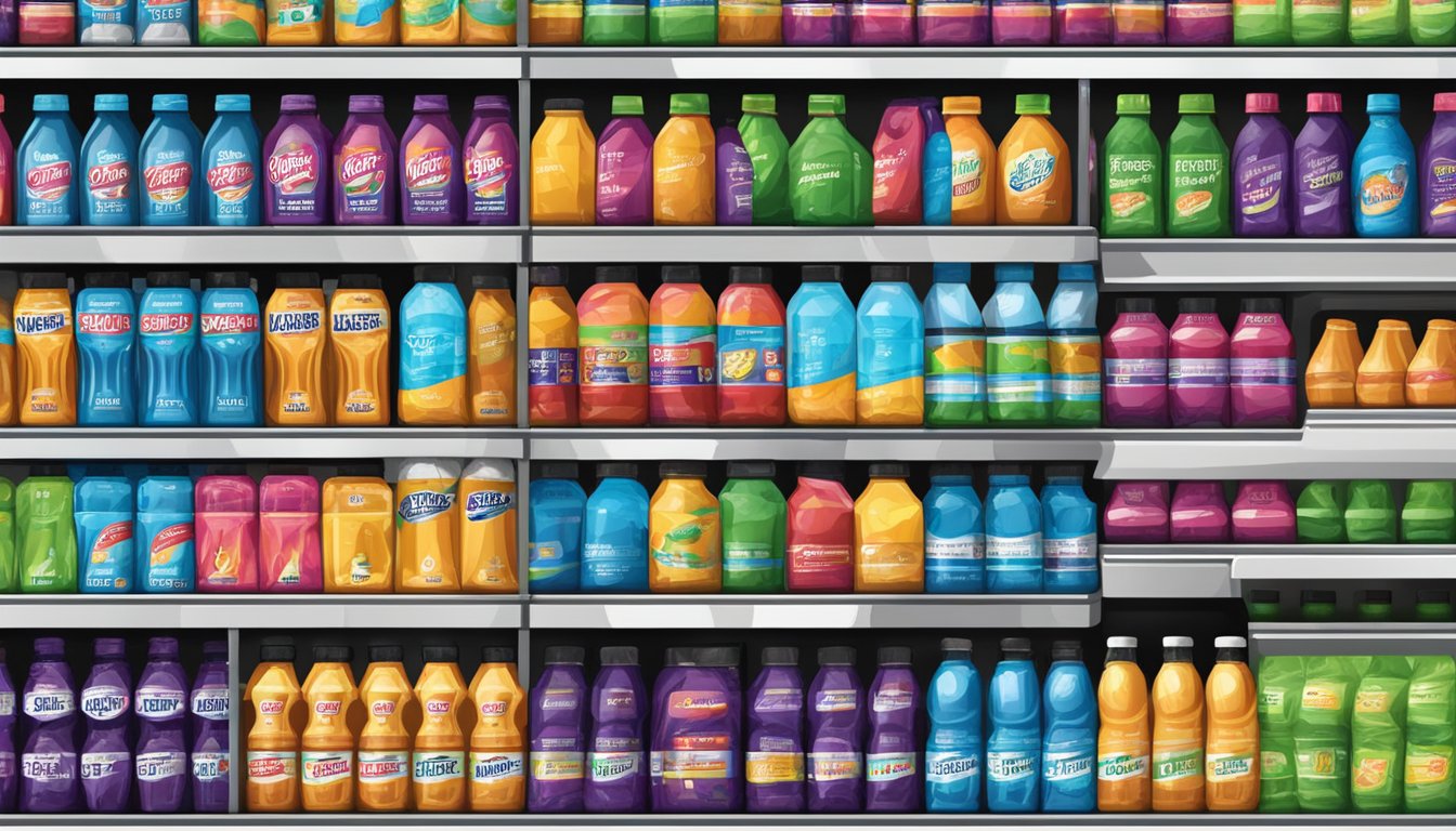 A collection of sports drink bottles with varying expiration dates on a grocery store shelf