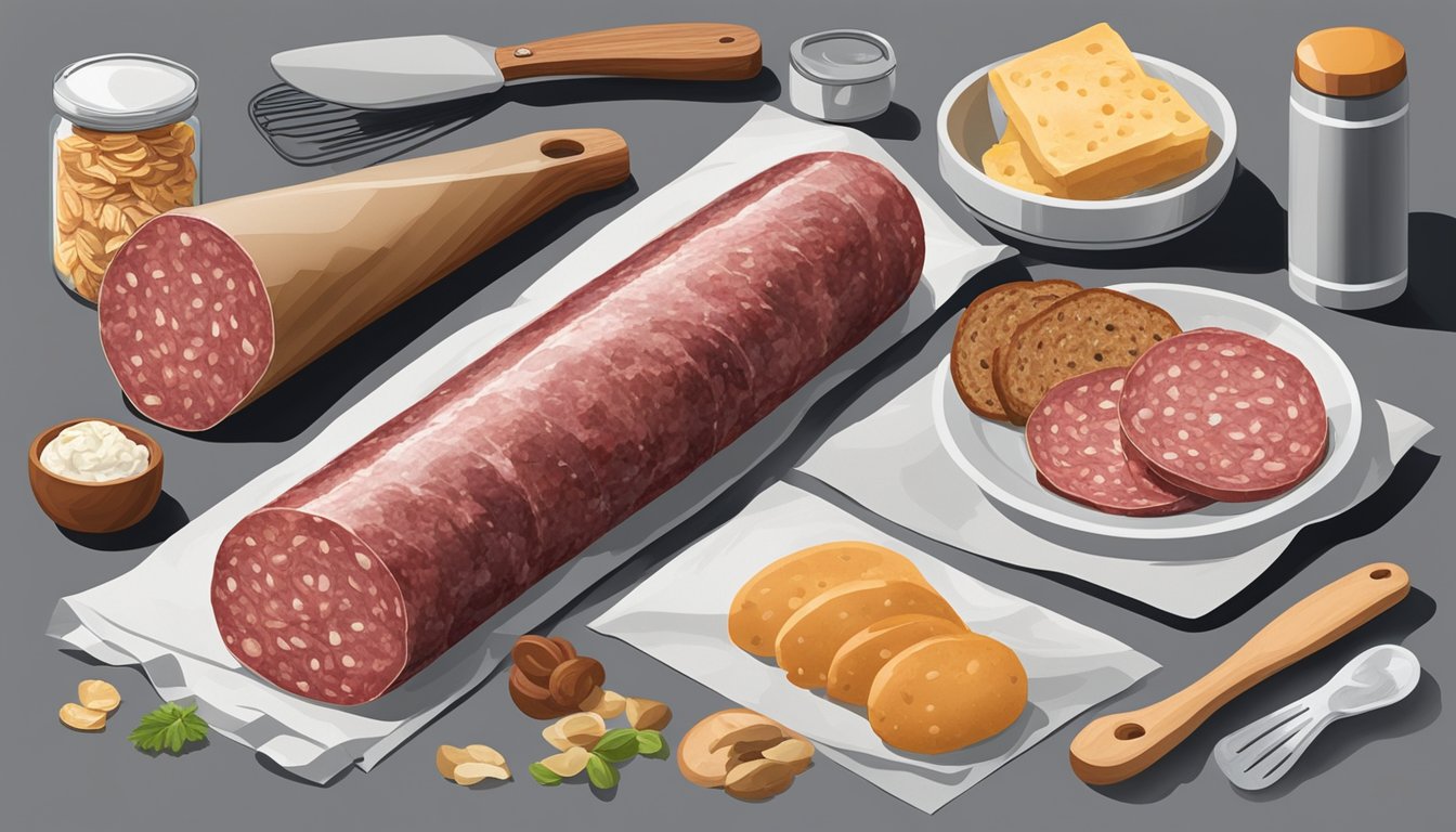 A package of hard salami sits unopened on a kitchen counter, surrounded by other food items and cooking utensils