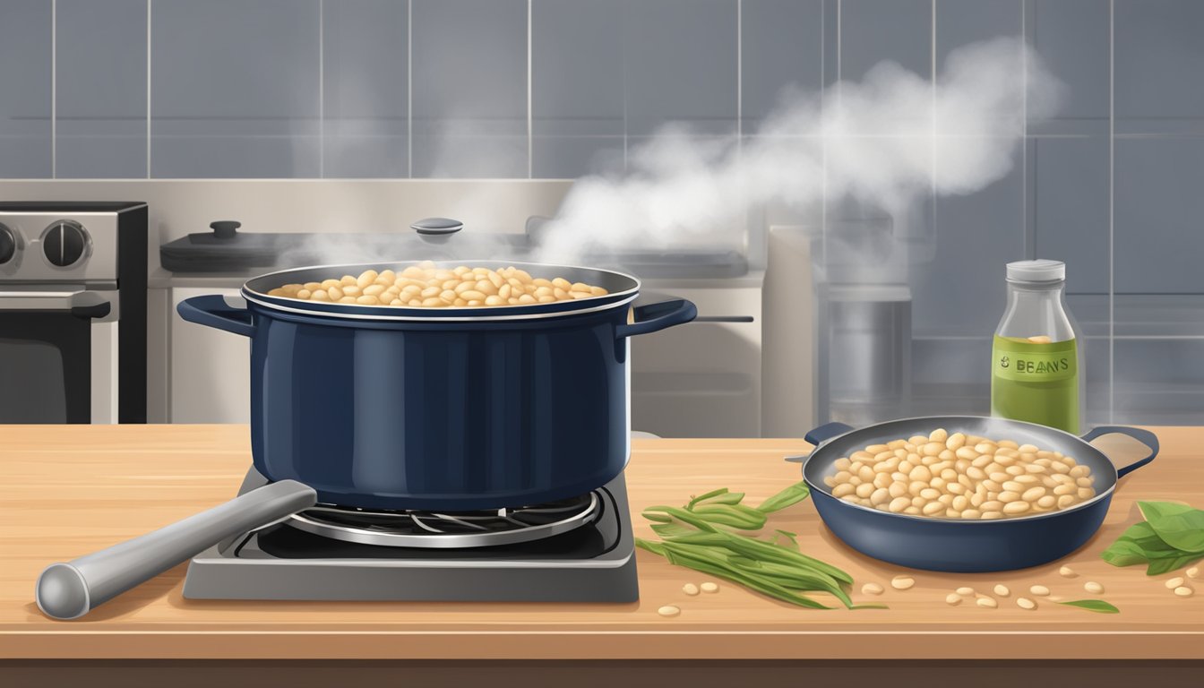 A pot of navy beans simmers on a stovetop, steam rising as a wooden spoon stirs them. A can of navy beans sits open on the counter