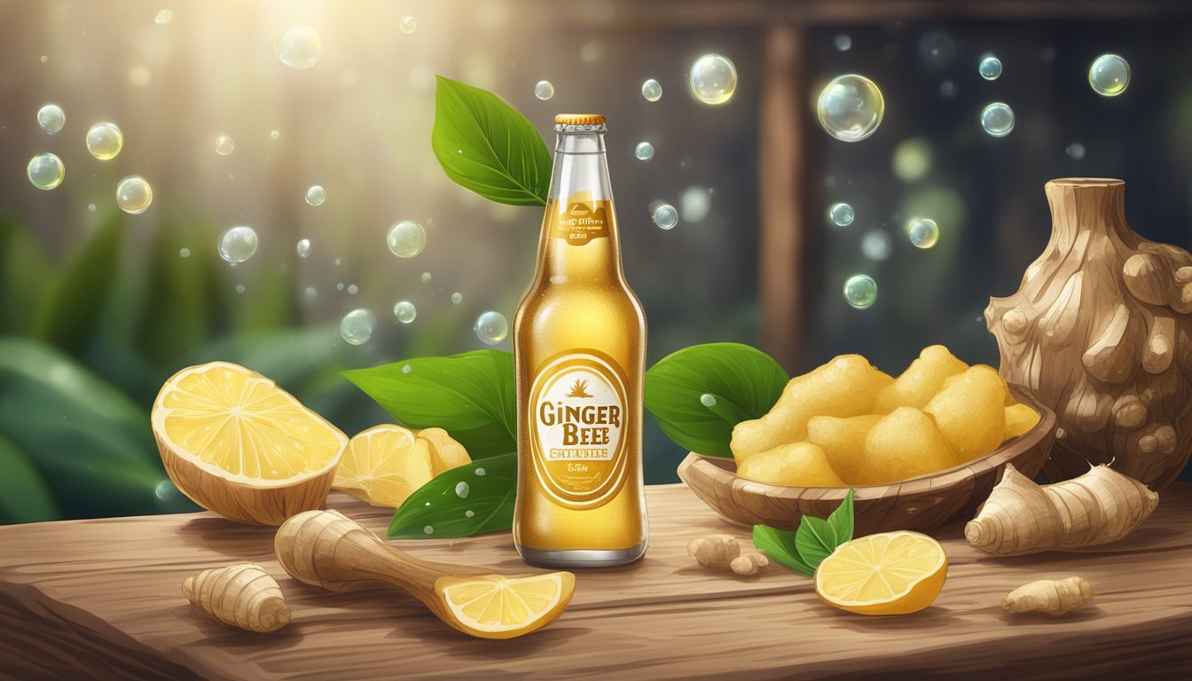 A glass bottle of ginger beer sits on a rustic wooden table, surrounded by fresh ginger root and sparkling bubbles rising to the surface