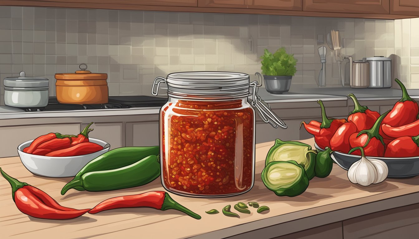 A jar of Sambal Oelek sits on a kitchen counter, surrounded by fresh chili peppers and garlic cloves