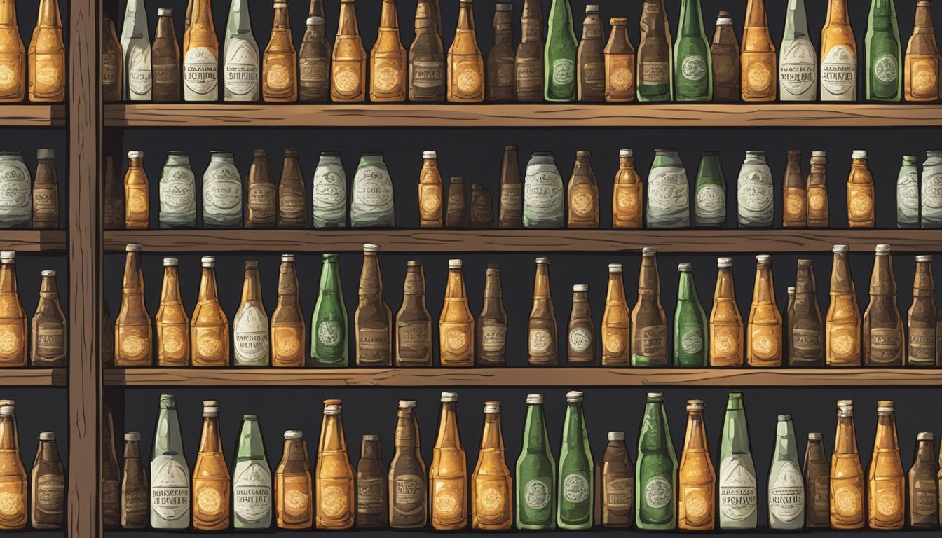 A shelf with rows of ginger beer bottles, some dusty and old, others fresh and vibrant, in a dimly lit storage room