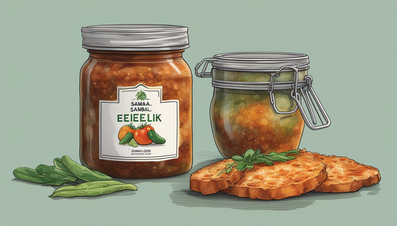 A jar of sambal oelek sits on a kitchen counter, its contents visibly moldy and discolored, with a foul odor emanating from the jar