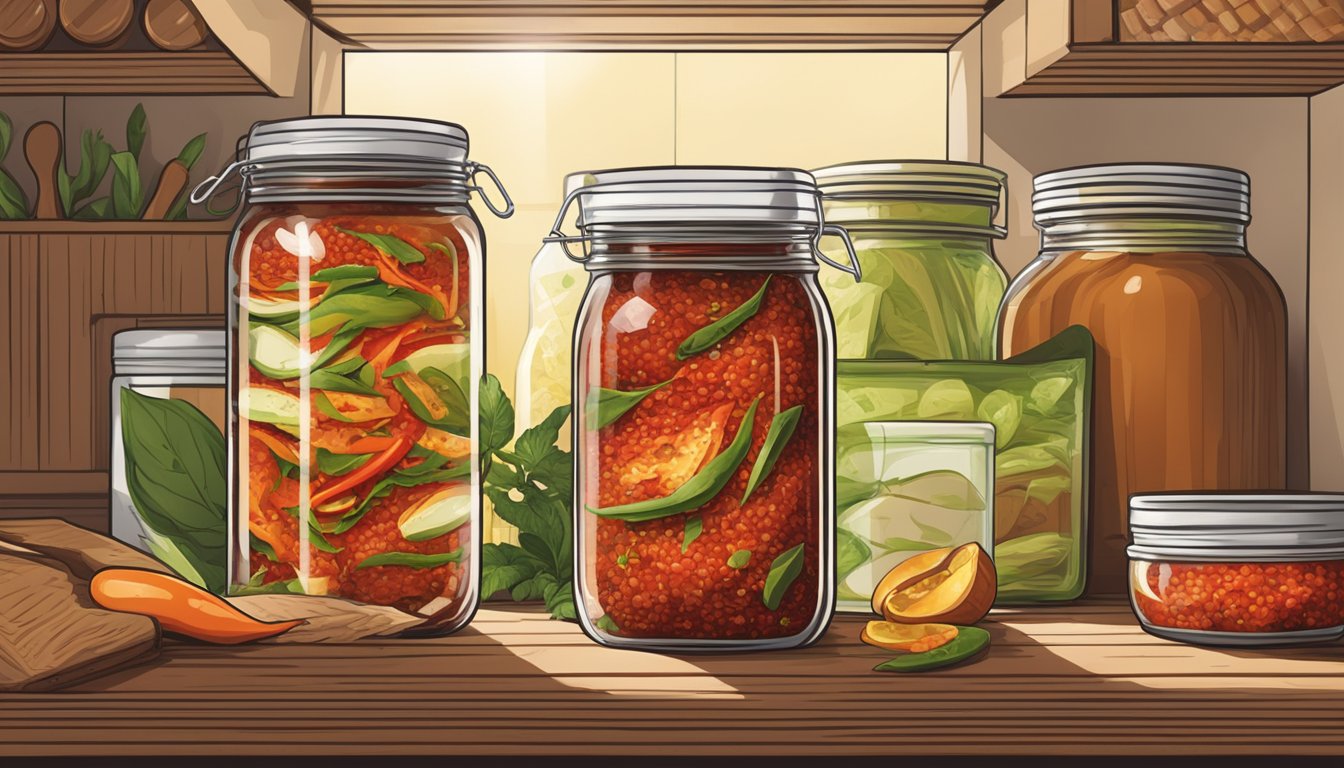 A jar of Sambal Oelek sits in a pantry, tightly sealed and stored away from direct sunlight and heat sources to prevent spoilage