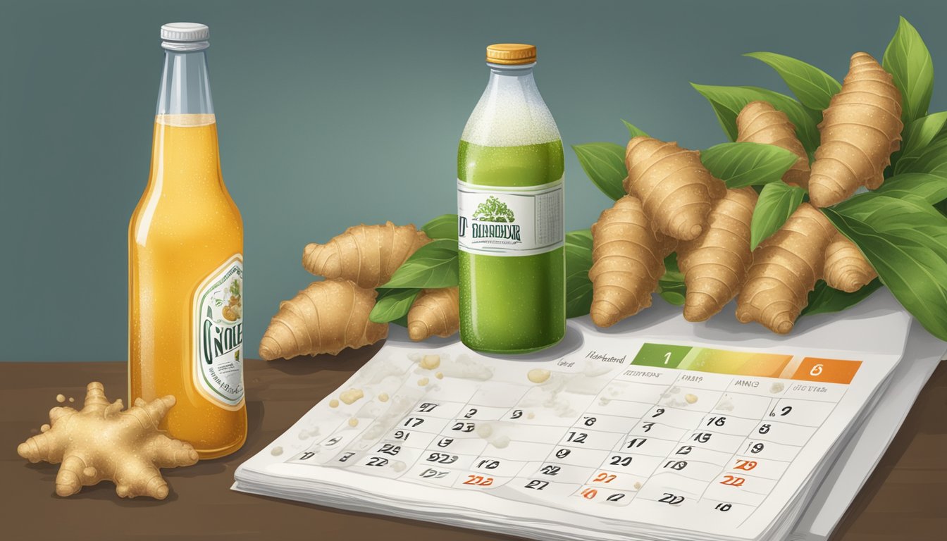 A bottle of ginger beer next to a calendar, with mold growing inside and a foul smell emanating from it