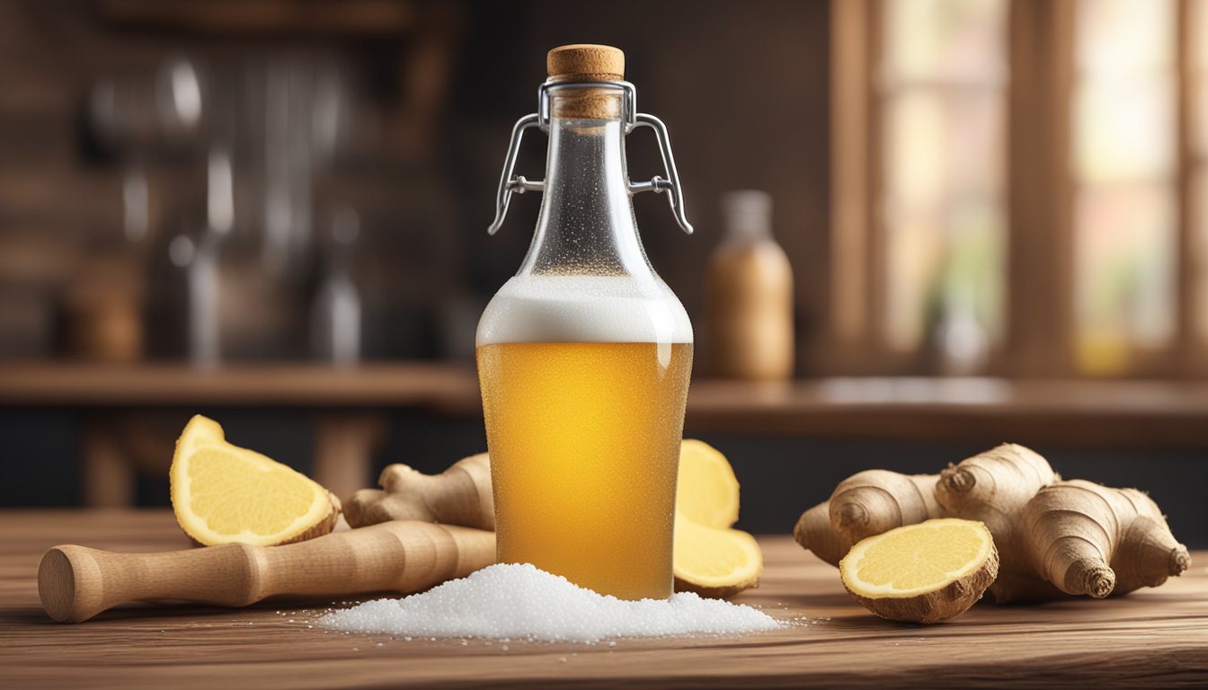 A glass bottle of ginger beer sits on a rustic wooden table, surrounded by fresh ginger, sugar, and yeast. A small amount of foam bubbles at the top of the bottle