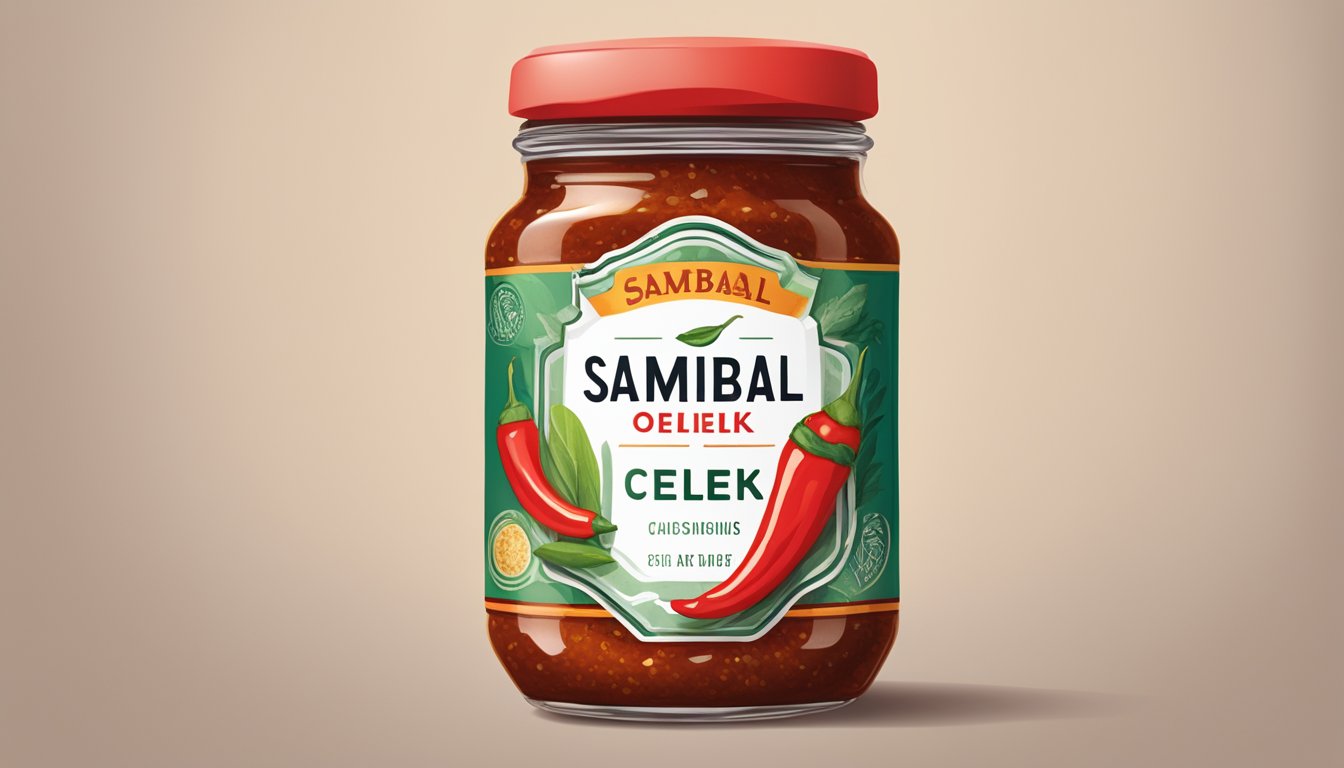 A jar of sambal oelek sits on a shelf, surrounded by other condiments. The label is bright and bold, and the red chili paste inside looks fresh and vibrant