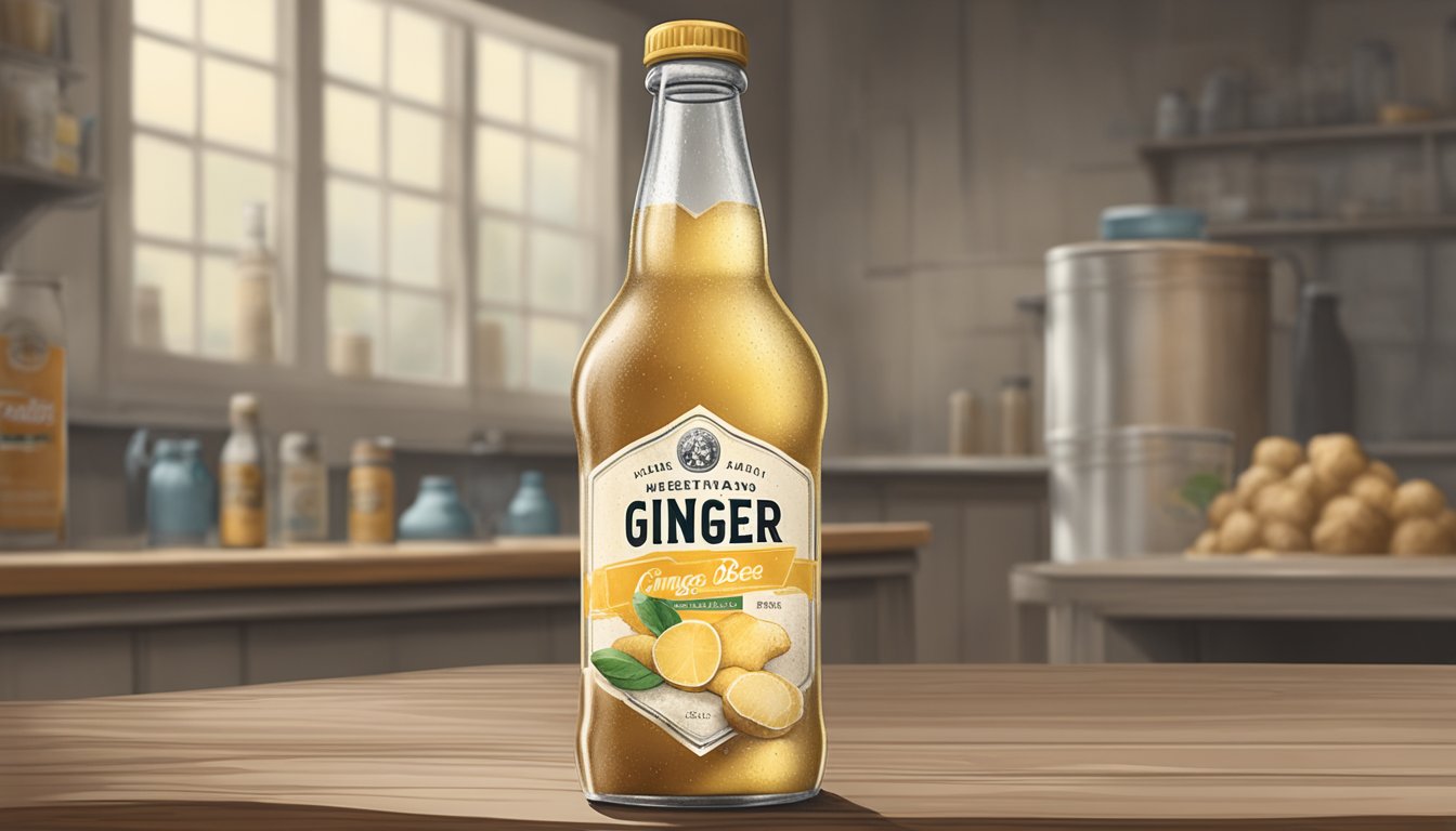 An unopened bottle of ginger beer sits on a dusty shelf, its label faded and peeling. The expiration date has long passed, and the liquid inside appears cloudy