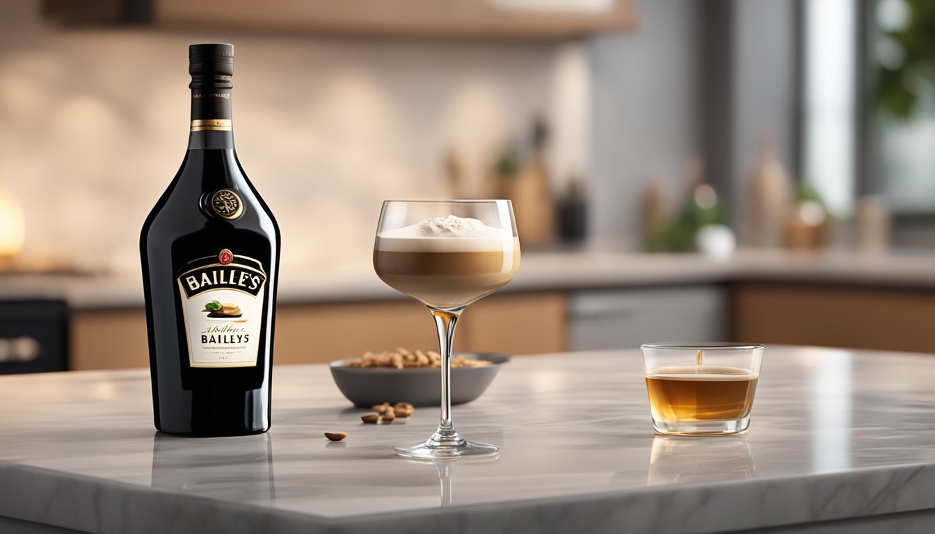 A bottle of Baileys sits on a clean, marble countertop next to a neatly poured glass. A cozy living room with soft lighting and a crackling fire in the background sets the scene