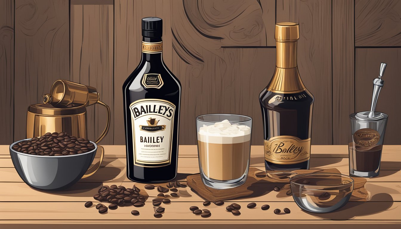 A bottle of Baileys sits on a wooden table surrounded by ingredients like coffee beans, chocolate, and vanilla pods. A cocktail shaker and various glasses are nearby, hinting at creative uses for the liqueur