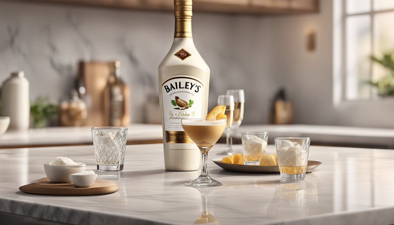 A bottle of Baileys sits next to other cream liqueurs on a marble countertop, with a few glasses and ice nearby