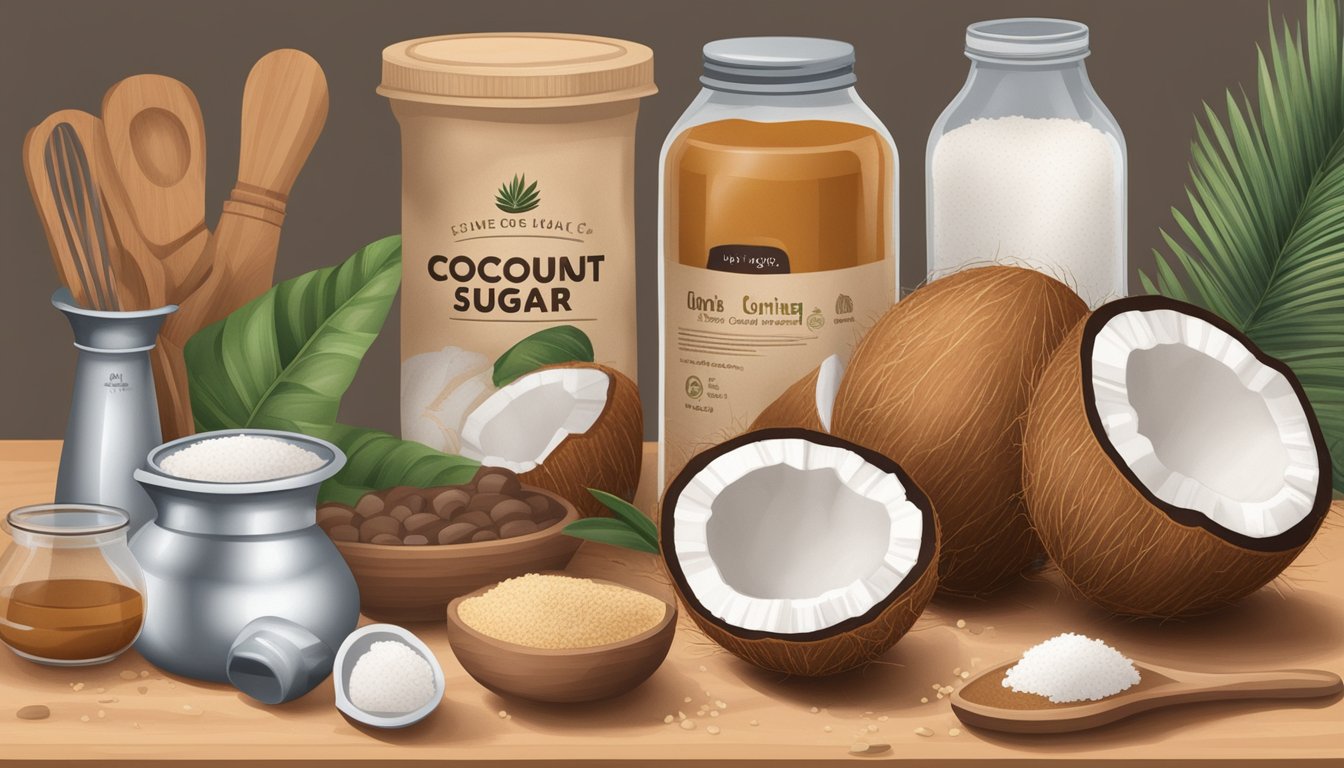 A bag of coconut sugar sits on a kitchen counter, surrounded by various cooking ingredients and utensils. The expiration date on the bag is clearly visible