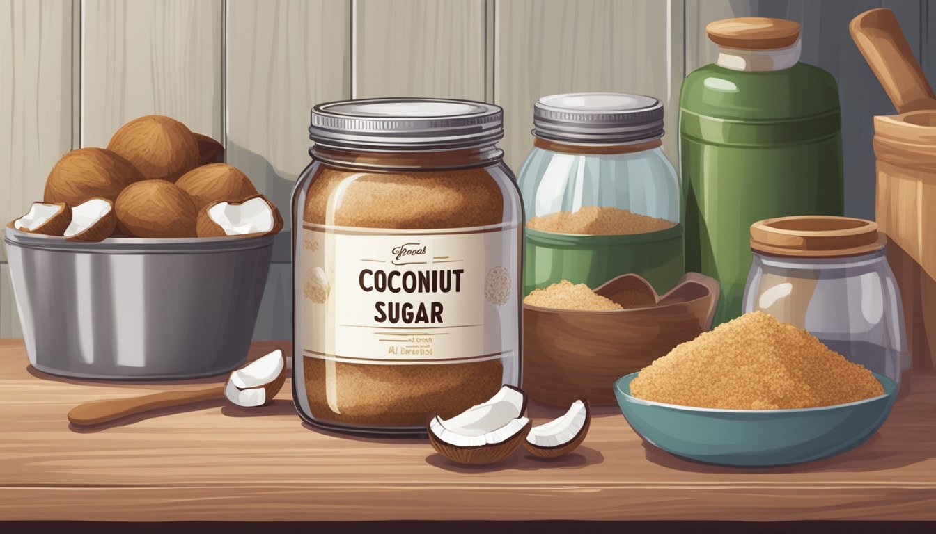 A jar of coconut sugar sits untouched on a kitchen shelf, surrounded by various baking ingredients and utensils. The label is slightly faded, indicating its age