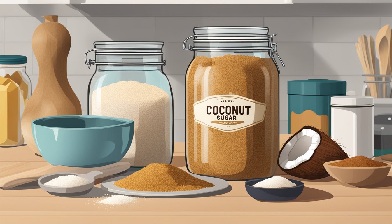 A jar of coconut sugar sits on a kitchen counter, surrounded by various food items. The jar is open, with a few granules spilling out onto the counter