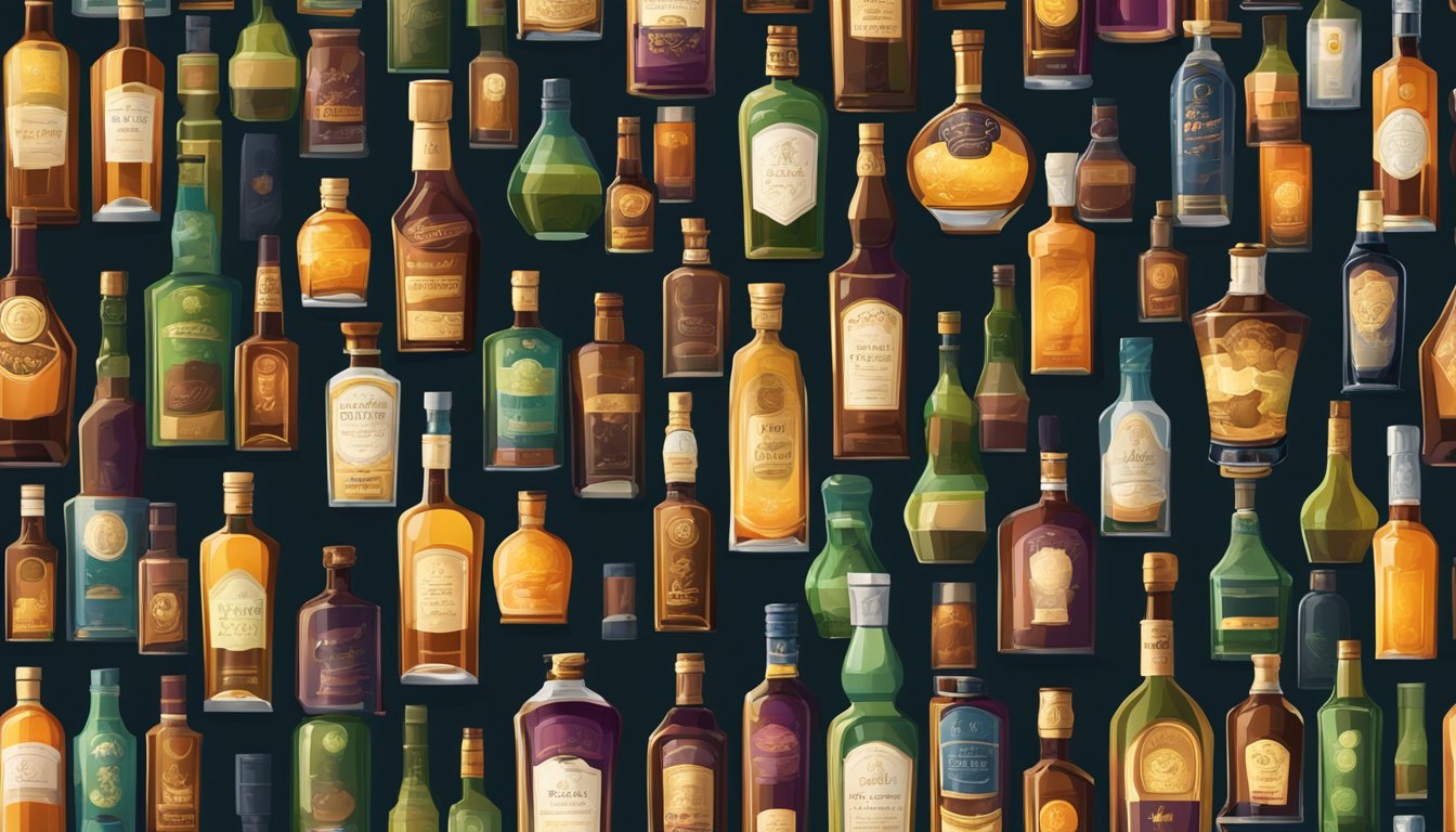 A shelf of assorted liqueur bottles, some dusty, others vibrant, with varying levels of liquid inside, set against a backdrop of a dimly lit bar