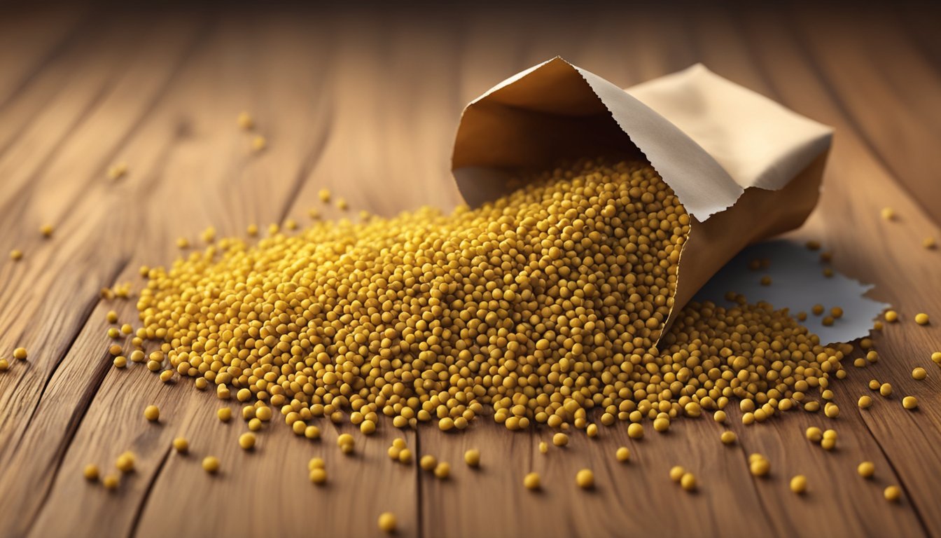 A small pile of mustard seeds spilling out of a torn paper bag onto a wooden table